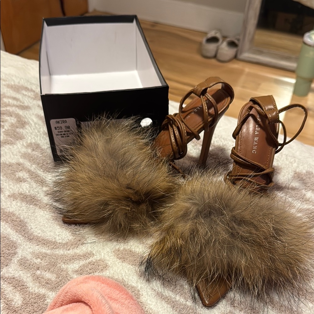 AKIRA Brown Fur Strap Heels